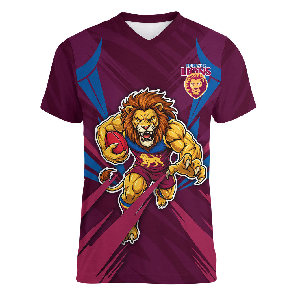 Brisbane Lions Australian Football Women V-Neck T-Shirt Powerful Lion Mascot - Bold Team Colors