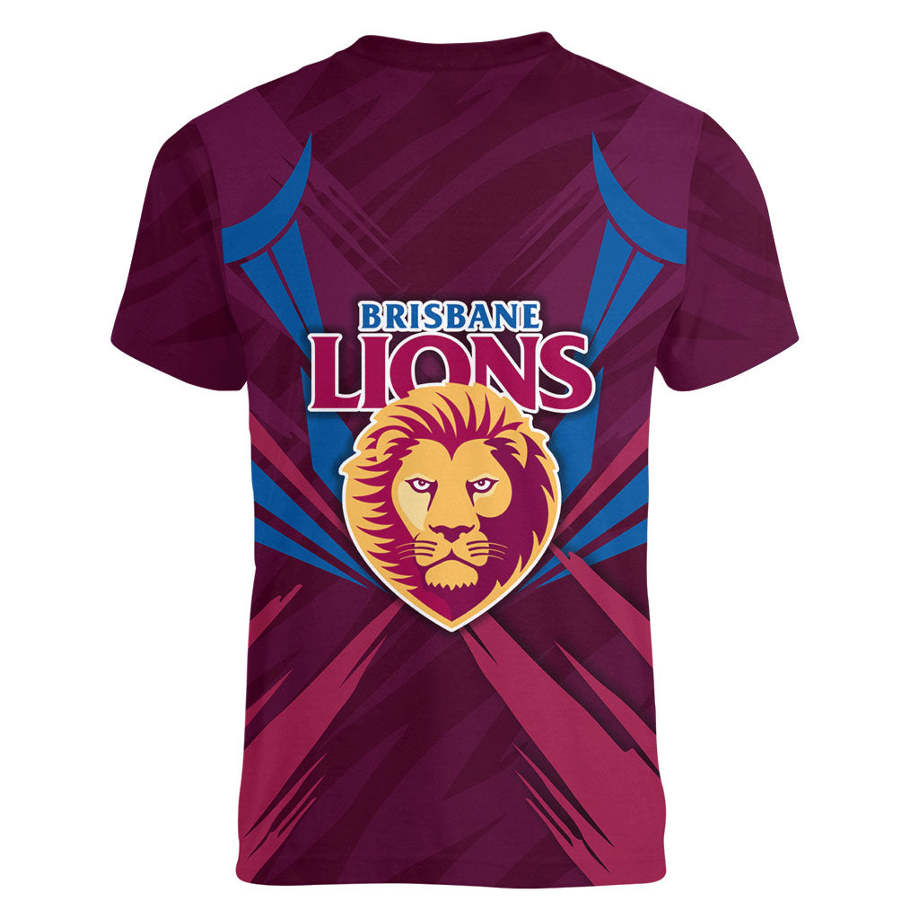 Brisbane Lions Australian Football Women V-Neck T-Shirt Powerful Lion Mascot - Bold Team Colors