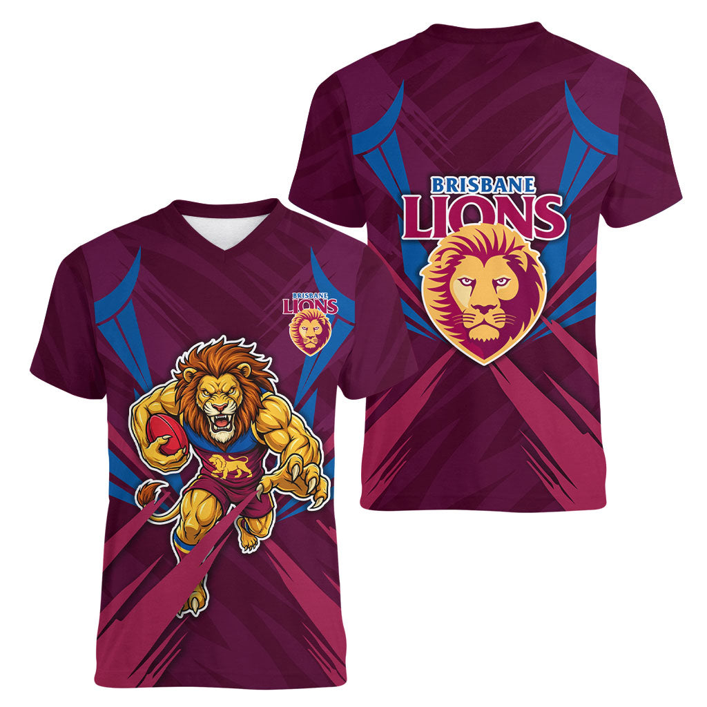 Brisbane Lions Australian Football Women V-Neck T-Shirt Powerful Lion Mascot - Bold Team Colors