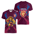 Brisbane Lions Australian Football Women V-Neck T-Shirt Powerful Lion Mascot - Bold Team Colors