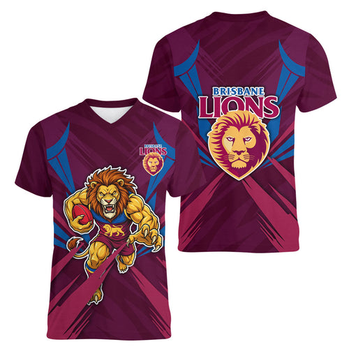 Brisbane Lions Australian Football Women V-Neck T-Shirt Powerful Lion Mascot - Bold Team Colors