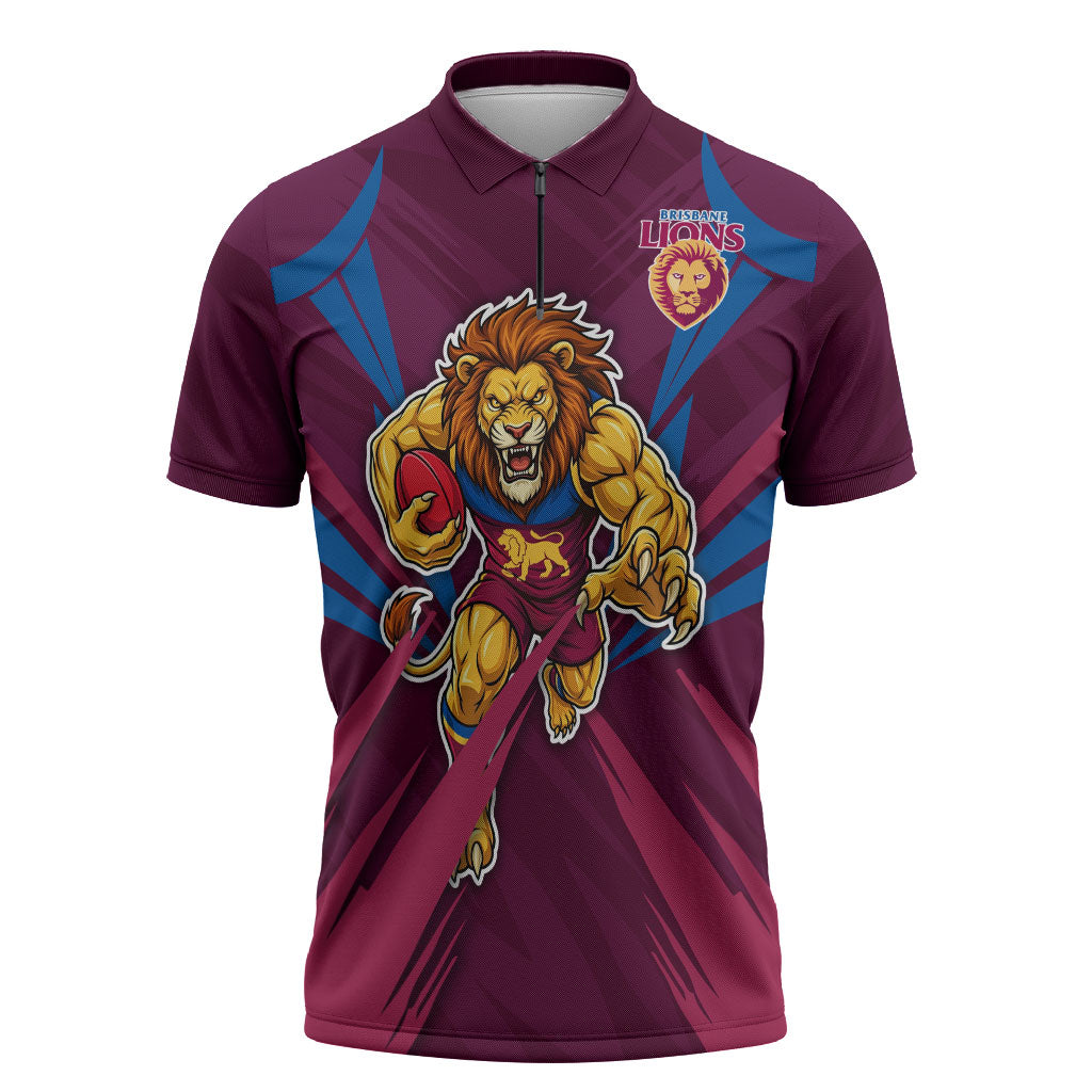 Brisbane Lions Australian Football Zipper Polo Shirt Powerful Lion Mascot - Bold Team Colors