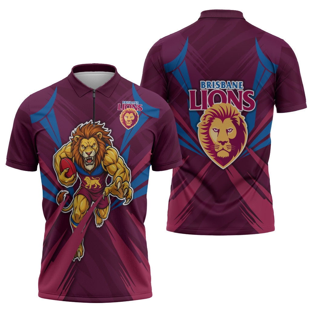 Brisbane Lions Australian Football Zipper Polo Shirt Powerful Lion Mascot - Bold Team Colors