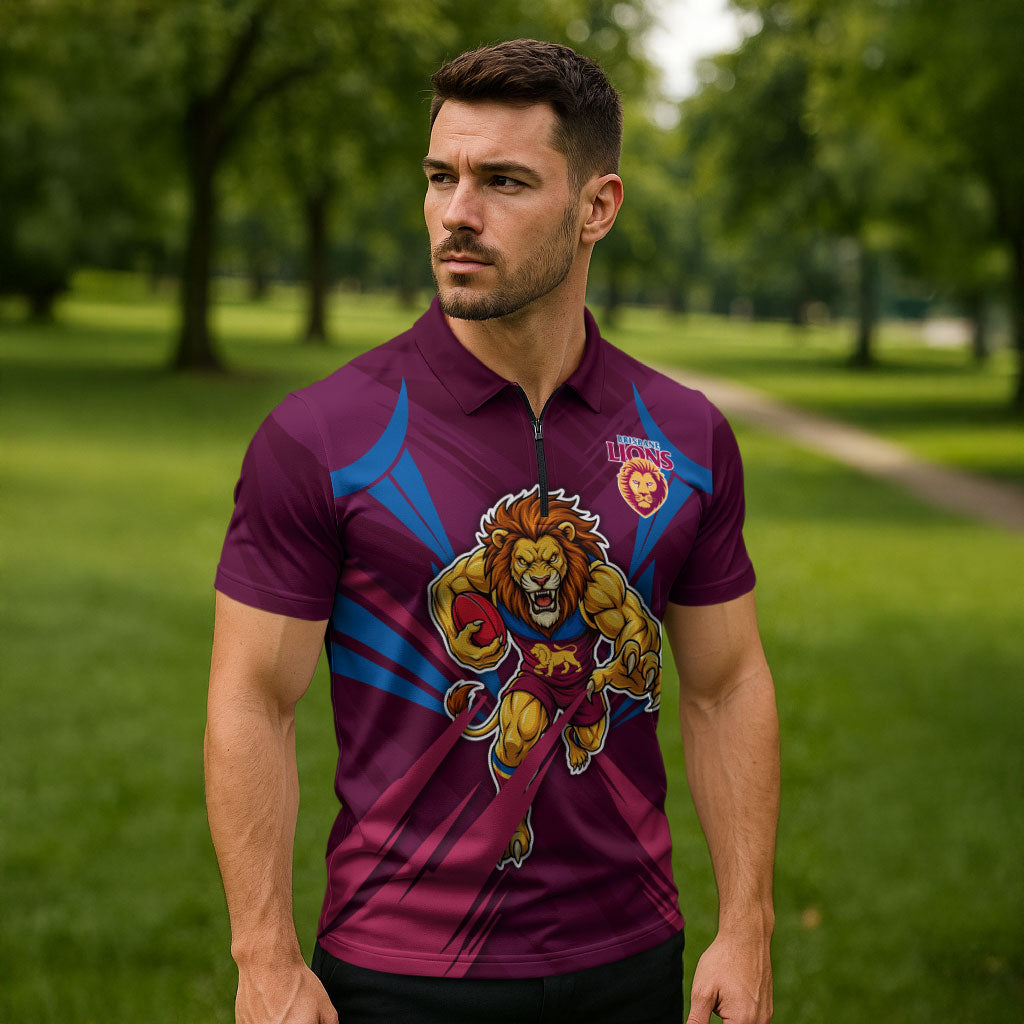 Brisbane Lions Australian Football Zipper Polo Shirt Powerful Lion Mascot - Bold Team Colors
