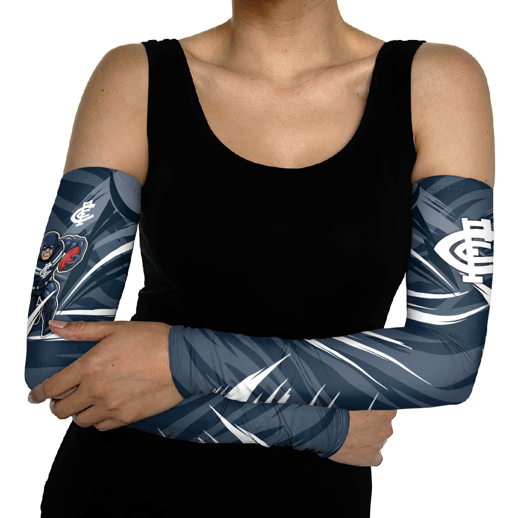 Carlton Blues Australian Football Arm Sleeves Powerful Superhero Mascot - Bold Team Colors