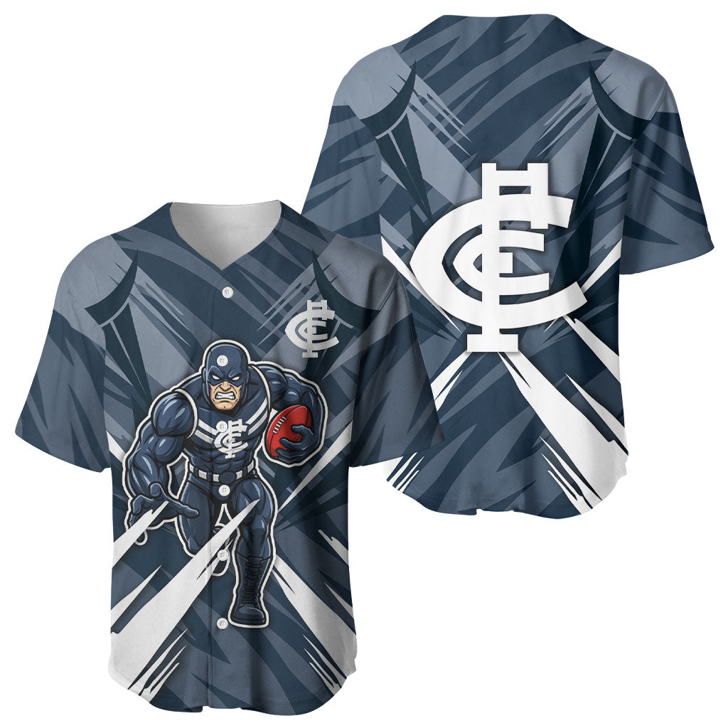 Carlton Blues Australian Football Baseball Jersey Powerful Superhero Mascot - Bold Team Colors