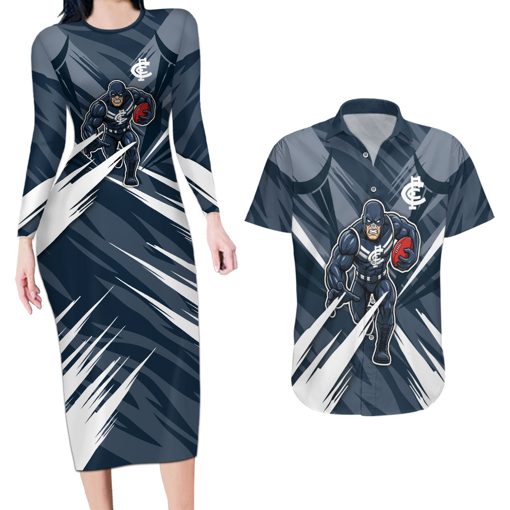Carlton Blues Australian Football Couples Matching Long Sleeve Bodycon Dress and Hawaiian Shirt Powerful Superhero Mascot - Bold Team Colors