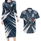 Carlton Blues Australian Football Couples Matching Long Sleeve Bodycon Dress and Hawaiian Shirt Powerful Superhero Mascot - Bold Team Colors