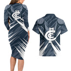 Carlton Blues Australian Football Couples Matching Long Sleeve Bodycon Dress and Hawaiian Shirt Powerful Superhero Mascot - Bold Team Colors