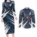 Carlton Blues Australian Football Couples Matching Long Sleeve Bodycon Dress and Long Sleeve Button Shirt Powerful Superhero Mascot - Bold Team Colors