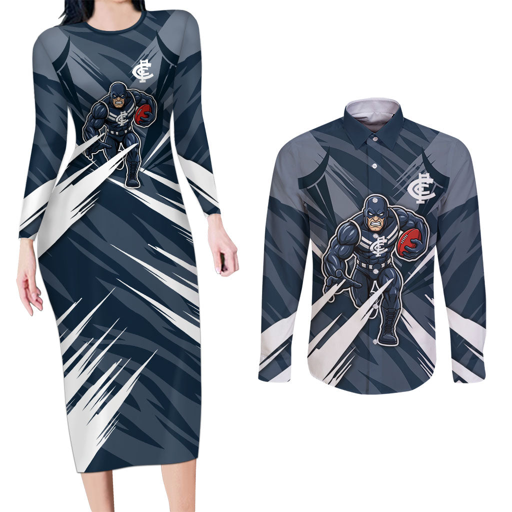 Carlton Blues Australian Football Couples Matching Long Sleeve Bodycon Dress and Long Sleeve Button Shirt Powerful Superhero Mascot - Bold Team Colors