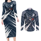 Carlton Blues Australian Football Couples Matching Long Sleeve Bodycon Dress and Long Sleeve Button Shirt Powerful Superhero Mascot - Bold Team Colors