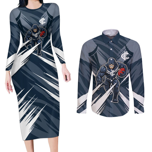 Carlton Blues Australian Football Couples Matching Long Sleeve Bodycon Dress and Long Sleeve Button Shirt Powerful Superhero Mascot - Bold Team Colors