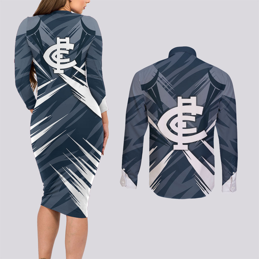 Carlton Blues Australian Football Couples Matching Long Sleeve Bodycon Dress and Long Sleeve Button Shirt Powerful Superhero Mascot - Bold Team Colors
