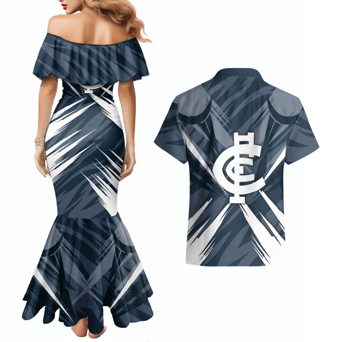 Carlton Blues Australian Football Couples Matching Mermaid Dress and Hawaiian Shirt Powerful Superhero Mascot - Bold Team Colors