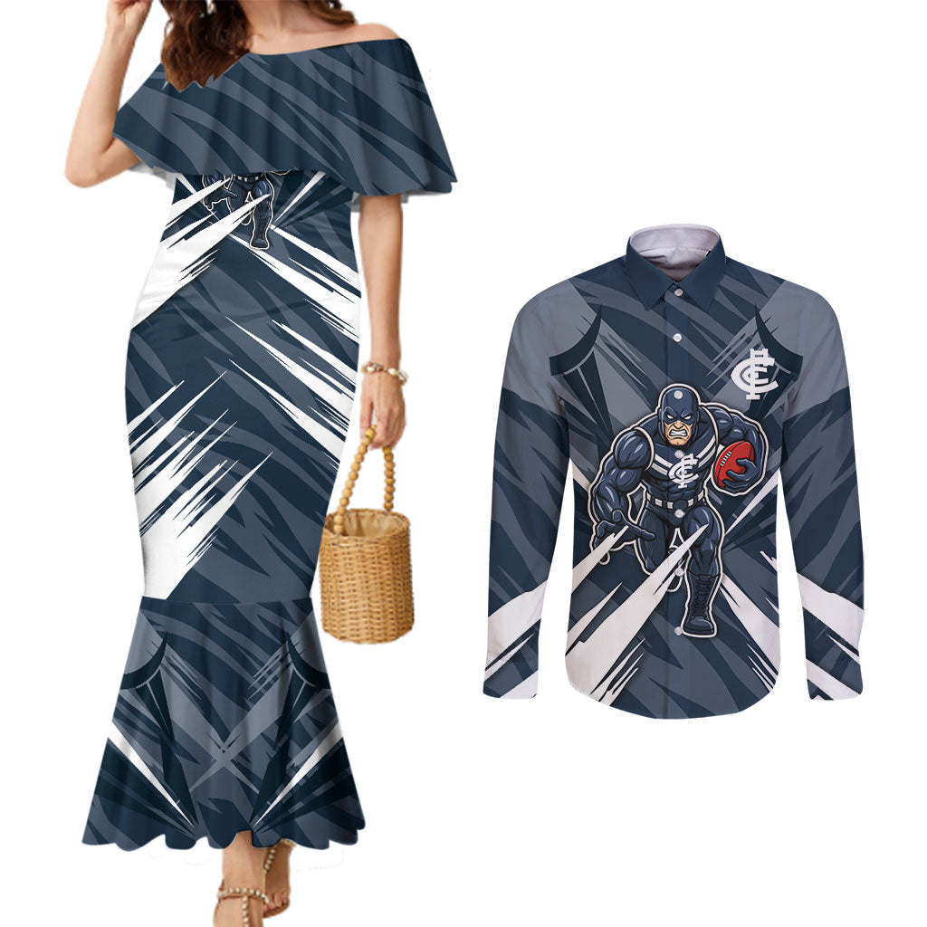 Carlton Blues Australian Football Couples Matching Mermaid Dress and Long Sleeve Button Shirt Powerful Superhero Mascot - Bold Team Colors