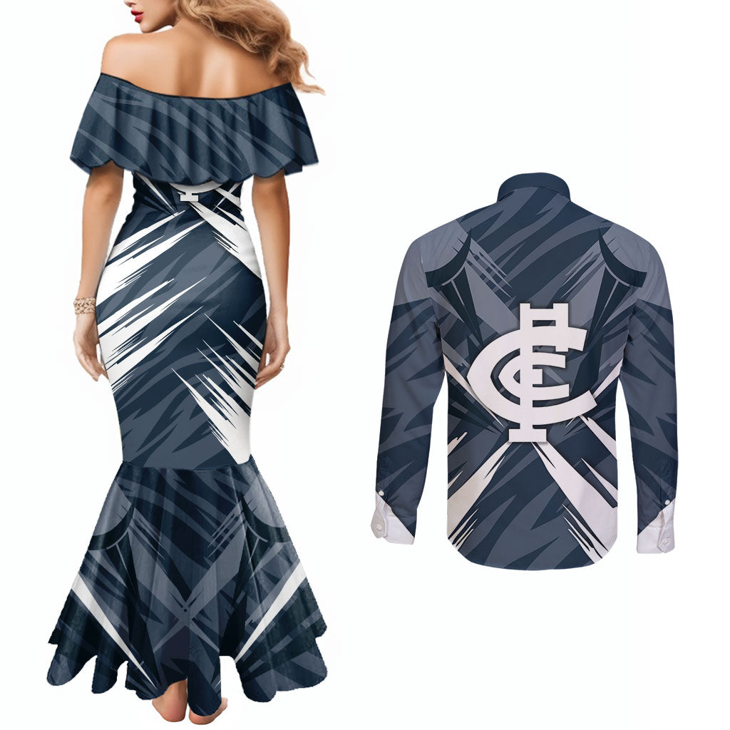 Carlton Blues Australian Football Couples Matching Mermaid Dress and Long Sleeve Button Shirt Powerful Superhero Mascot - Bold Team Colors