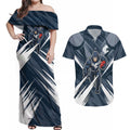 Carlton Blues Australian Football Couples Matching Off Shoulder Maxi Dress and Hawaiian Shirt Powerful Superhero Mascot - Bold Team Colors