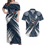 Carlton Blues Australian Football Couples Matching Off Shoulder Maxi Dress and Hawaiian Shirt Powerful Superhero Mascot - Bold Team Colors