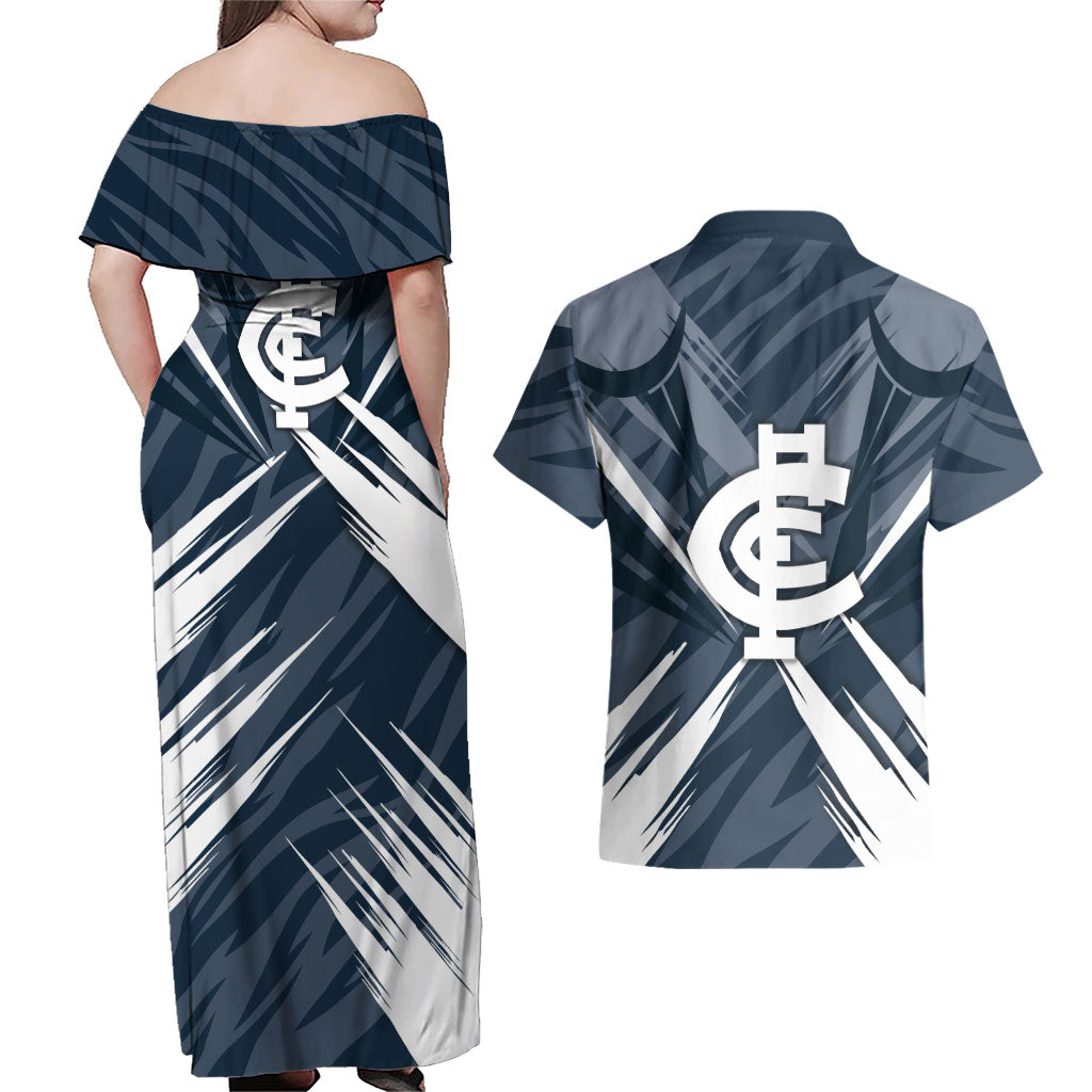 Carlton Blues Australian Football Couples Matching Off Shoulder Maxi Dress and Hawaiian Shirt Powerful Superhero Mascot - Bold Team Colors