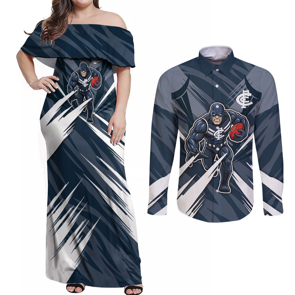 Carlton Blues Australian Football Couples Matching Off Shoulder Maxi Dress and Long Sleeve Button Shirt Powerful Superhero Mascot - Bold Team Colors