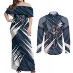 Carlton Blues Australian Football Couples Matching Off Shoulder Maxi Dress and Long Sleeve Button Shirt Powerful Superhero Mascot - Bold Team Colors