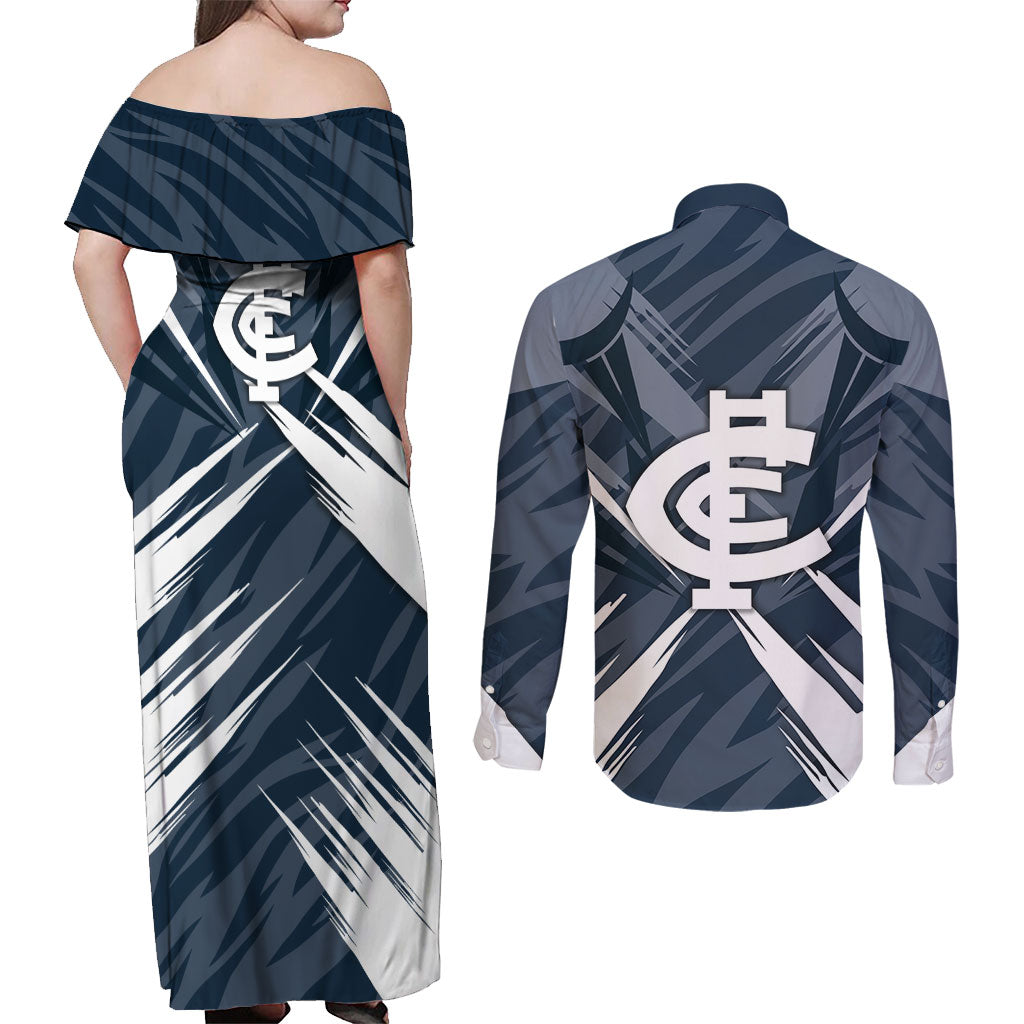 Carlton Blues Australian Football Couples Matching Off Shoulder Maxi Dress and Long Sleeve Button Shirt Powerful Superhero Mascot - Bold Team Colors