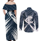 Carlton Blues Australian Football Couples Matching Off Shoulder Maxi Dress and Long Sleeve Button Shirt Powerful Superhero Mascot - Bold Team Colors