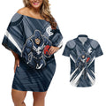 Carlton Blues Australian Football Couples Matching Off Shoulder Short Dress and Hawaiian Shirt Powerful Superhero Mascot - Bold Team Colors