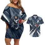 Carlton Blues Australian Football Couples Matching Off Shoulder Short Dress and Hawaiian Shirt Powerful Superhero Mascot - Bold Team Colors