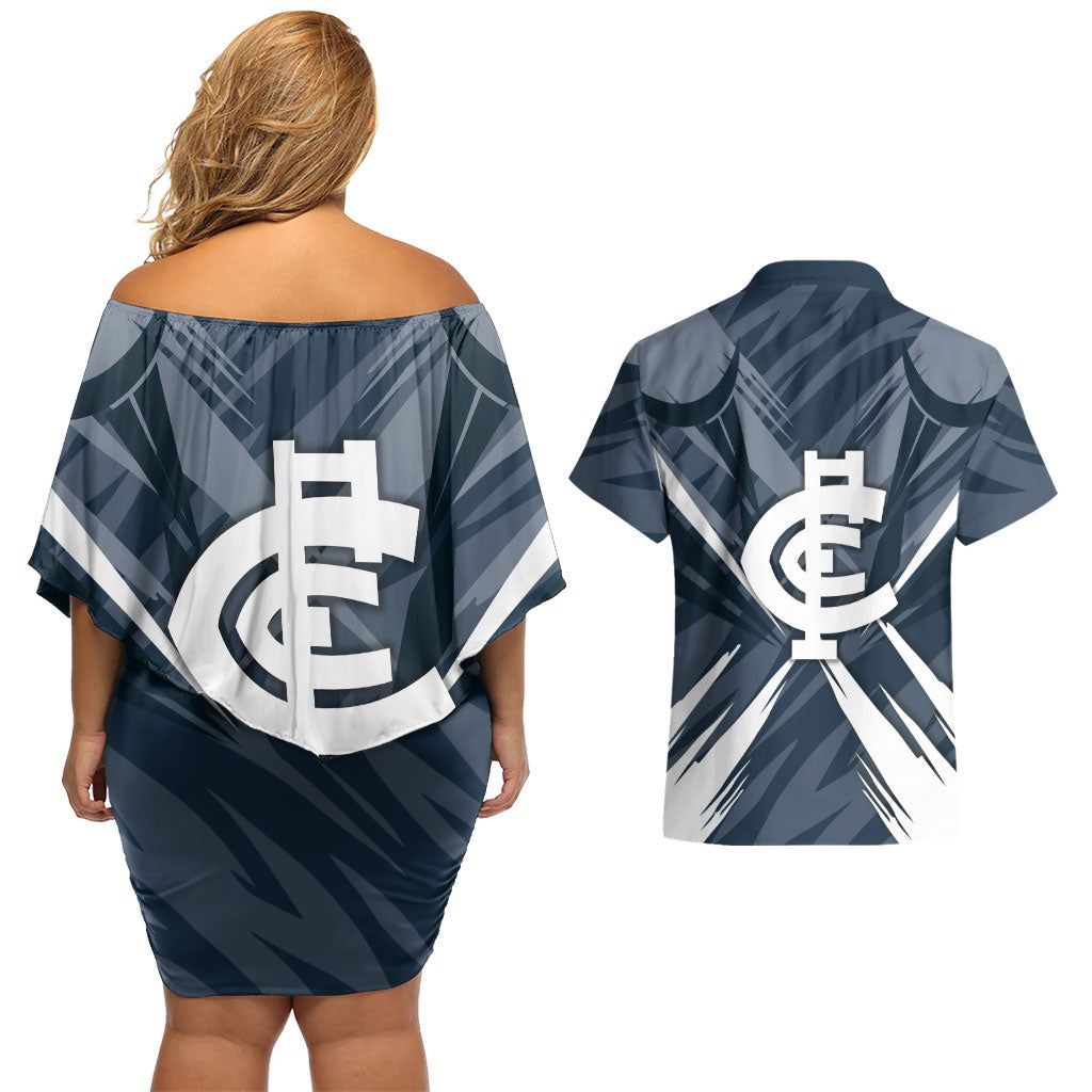 Carlton Blues Australian Football Couples Matching Off Shoulder Short Dress and Hawaiian Shirt Powerful Superhero Mascot - Bold Team Colors
