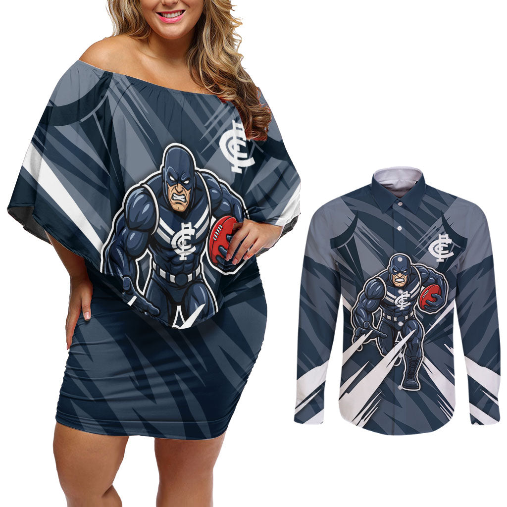 Carlton Blues Australian Football Couples Matching Off Shoulder Short Dress and Long Sleeve Button Shirt Powerful Superhero Mascot - Bold Team Colors