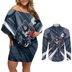 Carlton Blues Australian Football Couples Matching Off Shoulder Short Dress and Long Sleeve Button Shirt Powerful Superhero Mascot - Bold Team Colors