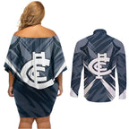 Carlton Blues Australian Football Couples Matching Off Shoulder Short Dress and Long Sleeve Button Shirt Powerful Superhero Mascot - Bold Team Colors