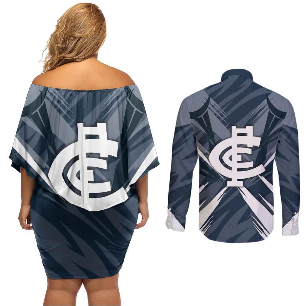 Carlton Blues Australian Football Couples Matching Off Shoulder Short Dress and Long Sleeve Button Shirt Powerful Superhero Mascot - Bold Team Colors