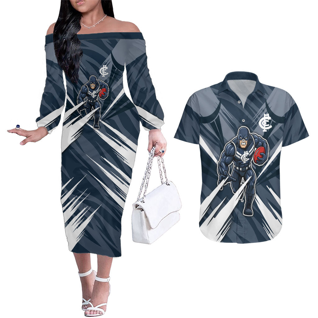 Carlton Blues Australian Football Couples Matching Off The Shoulder Long Sleeve Dress and Hawaiian Shirt Powerful Superhero Mascot - Bold Team Colors