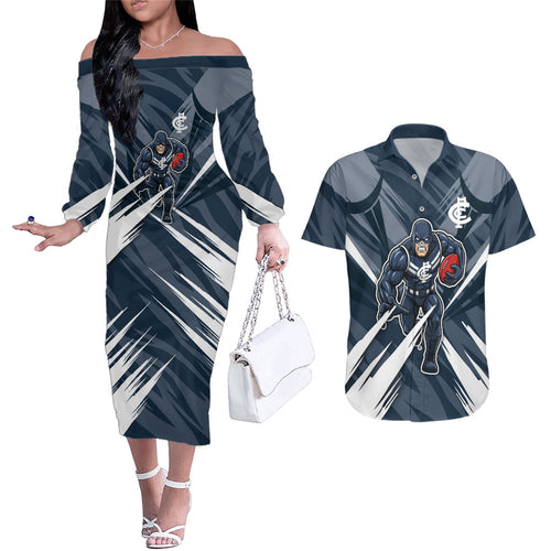 Carlton Blues Australian Football Couples Matching Off The Shoulder Long Sleeve Dress and Hawaiian Shirt Powerful Superhero Mascot - Bold Team Colors