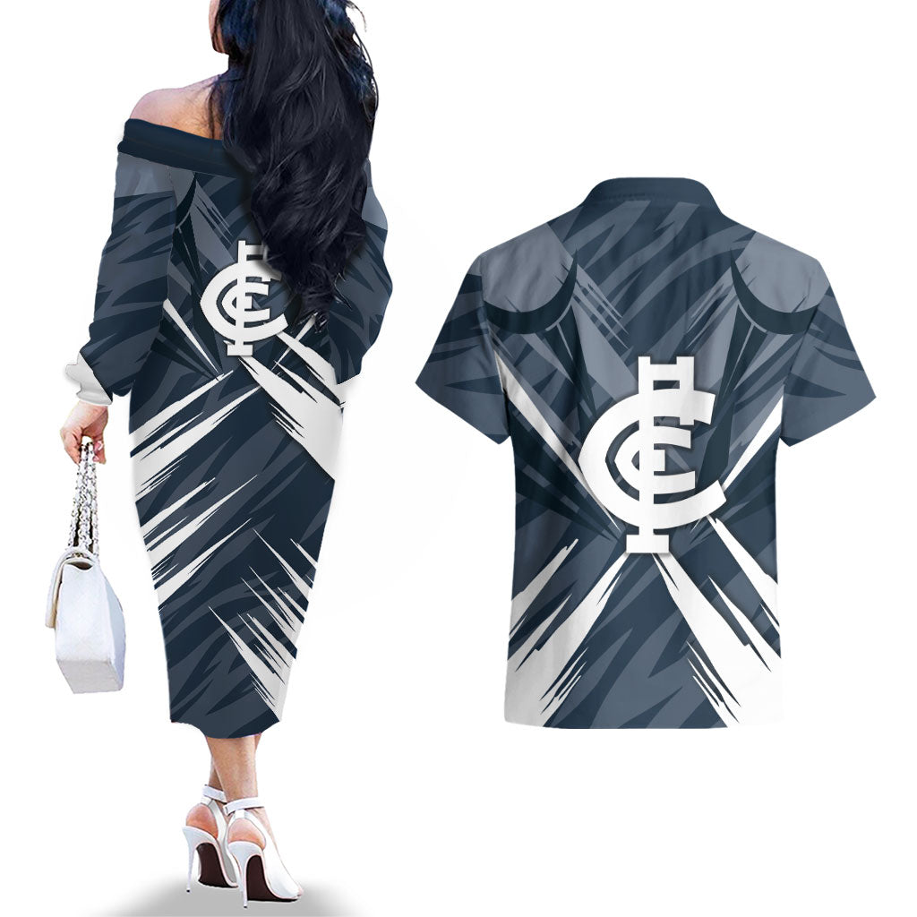 Carlton Blues Australian Football Couples Matching Off The Shoulder Long Sleeve Dress and Hawaiian Shirt Powerful Superhero Mascot - Bold Team Colors