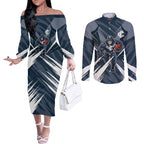 Carlton Blues Australian Football Couples Matching Off The Shoulder Long Sleeve Dress and Long Sleeve Button Shirt Powerful Superhero Mascot - Bold Team Colors