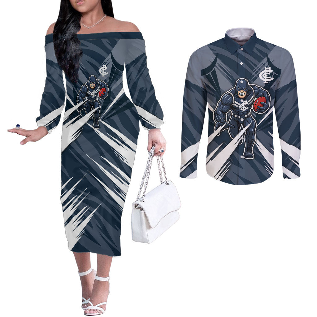 Carlton Blues Australian Football Couples Matching Off The Shoulder Long Sleeve Dress and Long Sleeve Button Shirt Powerful Superhero Mascot - Bold Team Colors