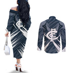Carlton Blues Australian Football Couples Matching Off The Shoulder Long Sleeve Dress and Long Sleeve Button Shirt Powerful Superhero Mascot - Bold Team Colors