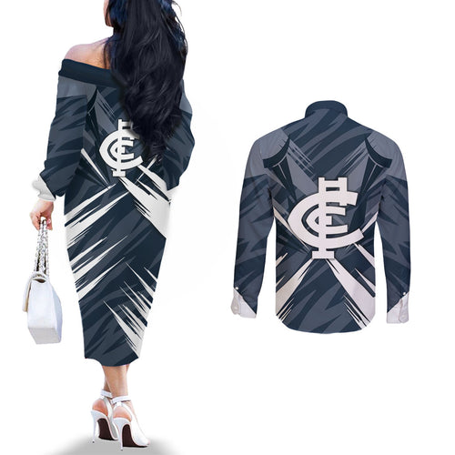 Carlton Blues Australian Football Couples Matching Off The Shoulder Long Sleeve Dress and Long Sleeve Button Shirt Powerful Superhero Mascot - Bold Team Colors