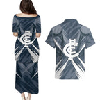 Carlton Blues Australian Football Couples Matching Puletasi and Hawaiian Shirt Powerful Superhero Mascot - Bold Team Colors