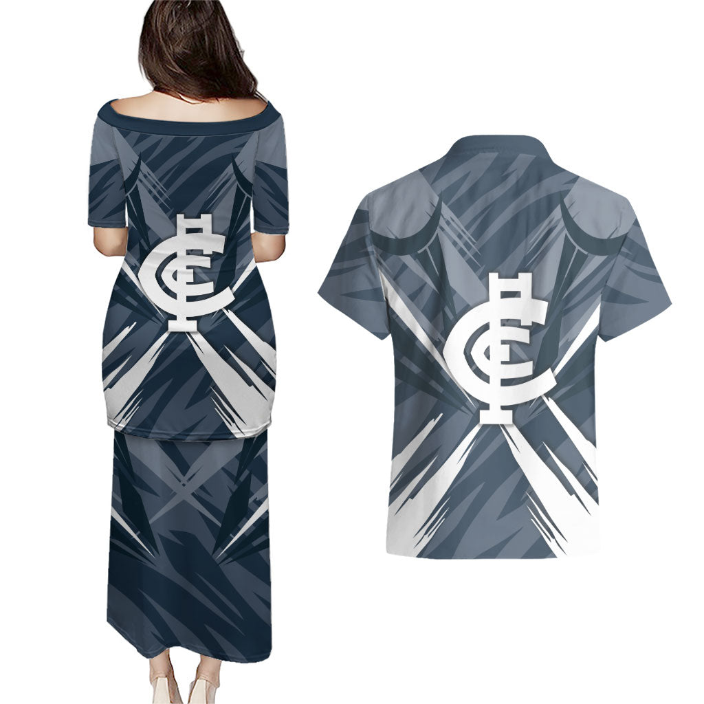 Carlton Blues Australian Football Couples Matching Puletasi and Hawaiian Shirt Powerful Superhero Mascot - Bold Team Colors