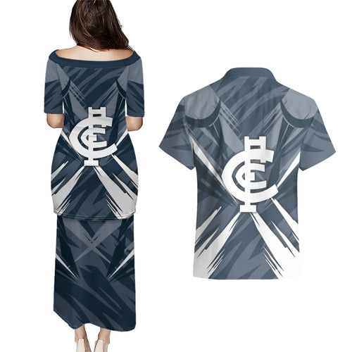 Carlton Blues Australian Football Couples Matching Puletasi and Hawaiian Shirt Powerful Superhero Mascot - Bold Team Colors