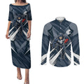 Carlton Blues Australian Football Couples Matching Puletasi and Long Sleeve Button Shirt Powerful Superhero Mascot - Bold Team Colors