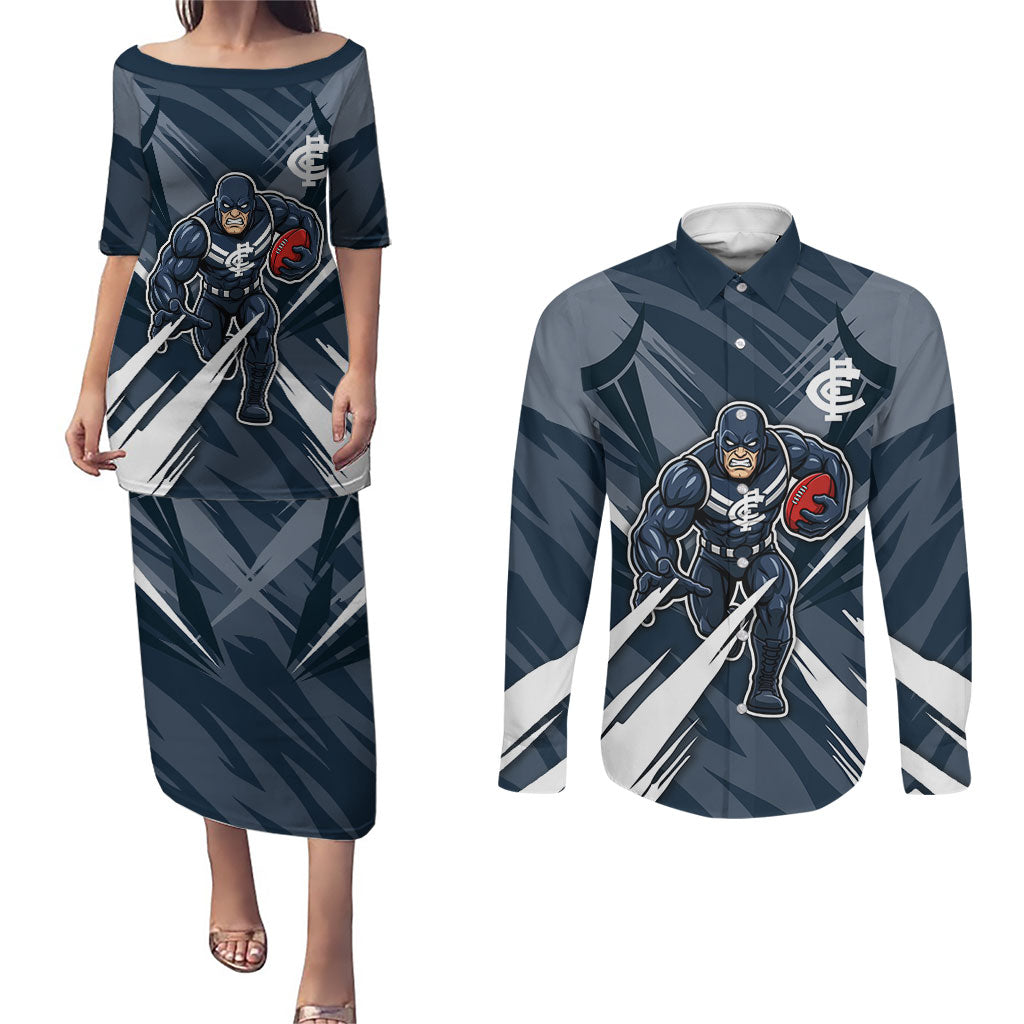 Carlton Blues Australian Football Couples Matching Puletasi and Long Sleeve Button Shirt Powerful Superhero Mascot - Bold Team Colors