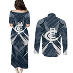 Carlton Blues Australian Football Couples Matching Puletasi and Long Sleeve Button Shirt Powerful Superhero Mascot - Bold Team Colors