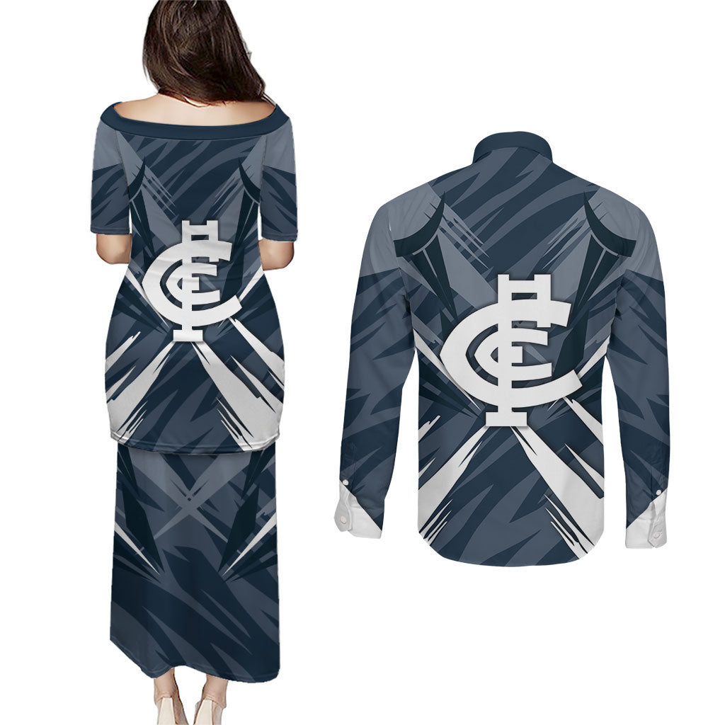 Carlton Blues Australian Football Couples Matching Puletasi and Long Sleeve Button Shirt Powerful Superhero Mascot - Bold Team Colors