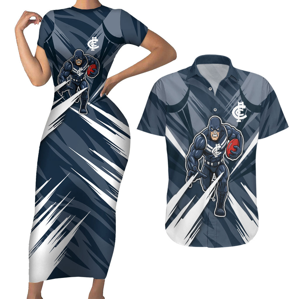 Carlton Blues Australian Football Couples Matching Short Sleeve Bodycon Dress and Hawaiian Shirt Powerful Superhero Mascot - Bold Team Colors